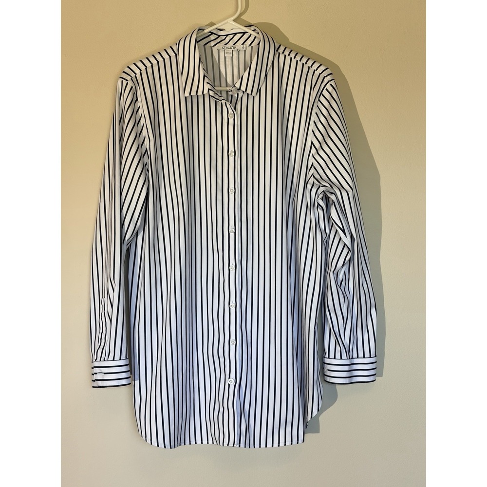 Chicos Navy Blue Preppy Nautical Coastal Classic Stripe Button Up Top Shirt 3 16